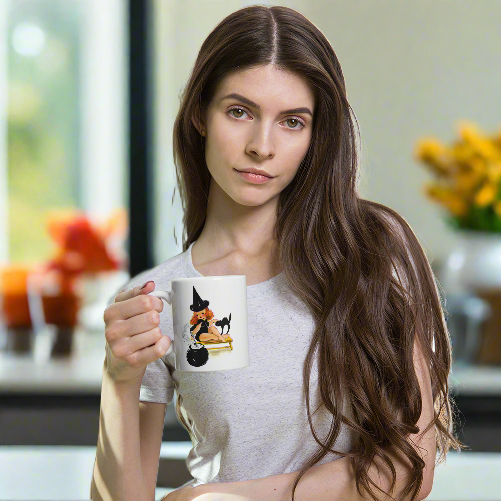 Orange Witch Black Cat Retro Halloween Print Mug