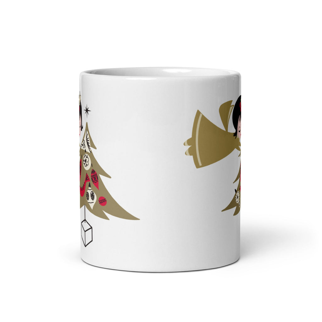 Gold Christmas Angel And Tree Mid Century Retro Christmas Print Glossy Mug