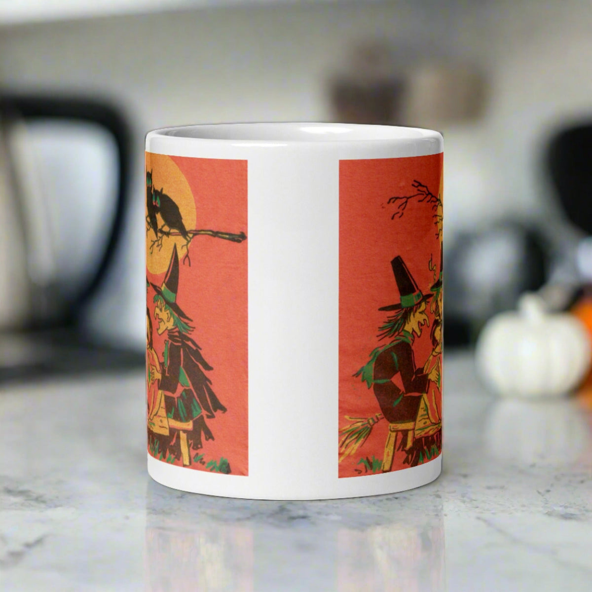 Three Witches Owls Full Moon Retro Halloween Glossy Ceramic Mug