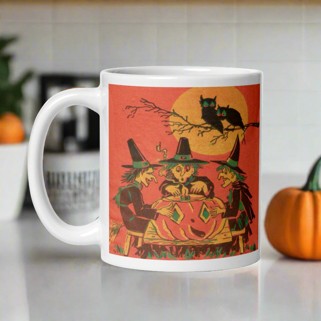 Three Witches Owls Full Moon Retro Halloween Glossy Ceramic Mug