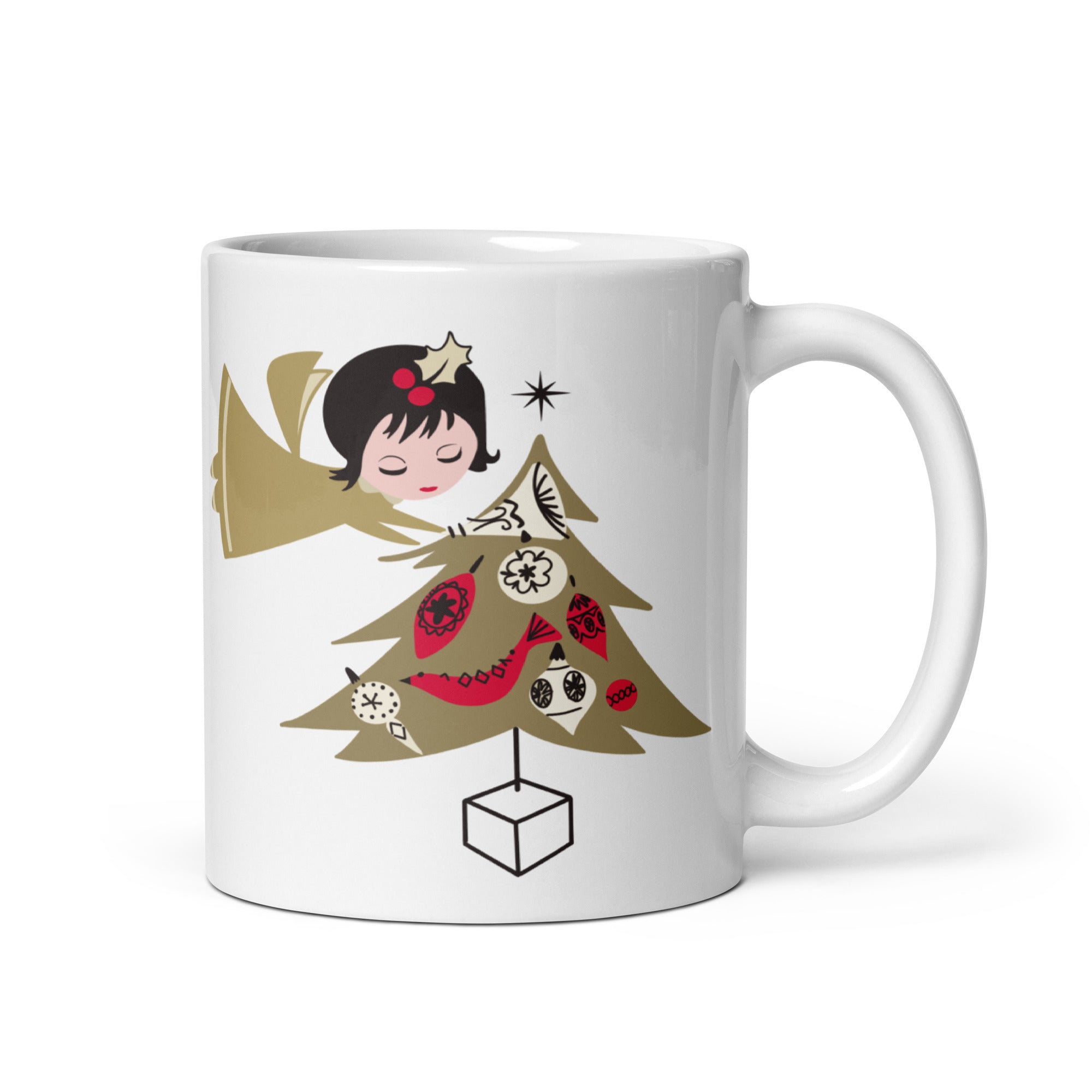 Gold Christmas Angel And Tree Mid Century Retro Christmas Print Glossy Mug