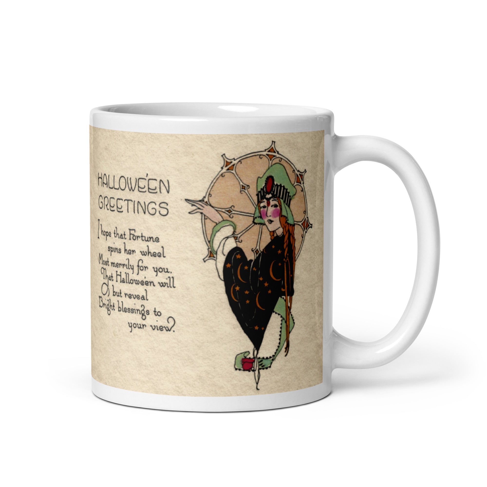 Halloween Greetings Victorian Witch Celestial Retro Halloween Print Glossy Mug