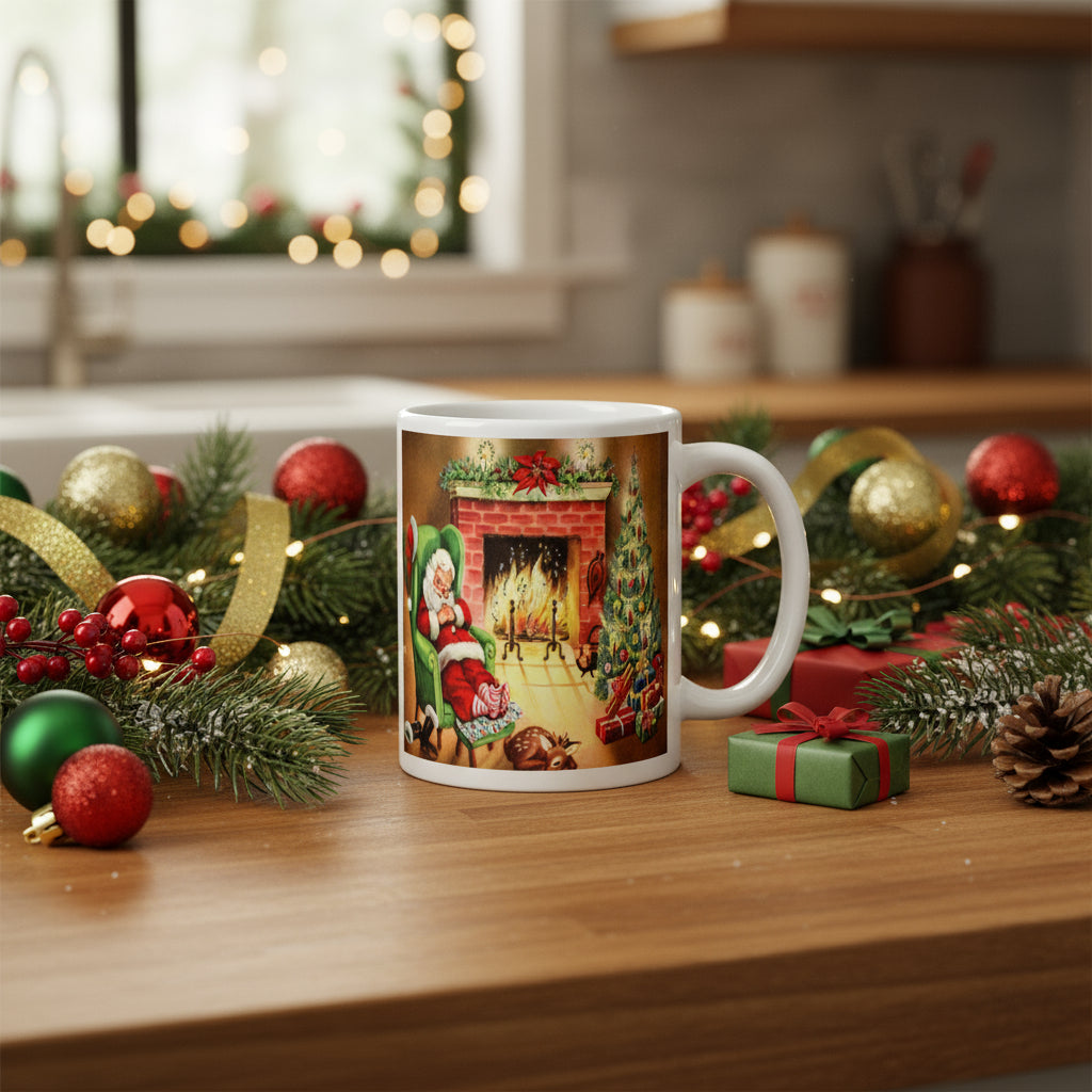 Santa Sleeping By Fireplace Retro Print Glossy Mug