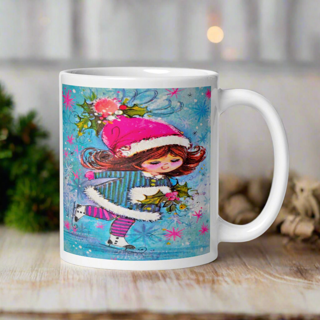 Ice Skating Girl Mod Retro Christmas Glossy Coffee Mug