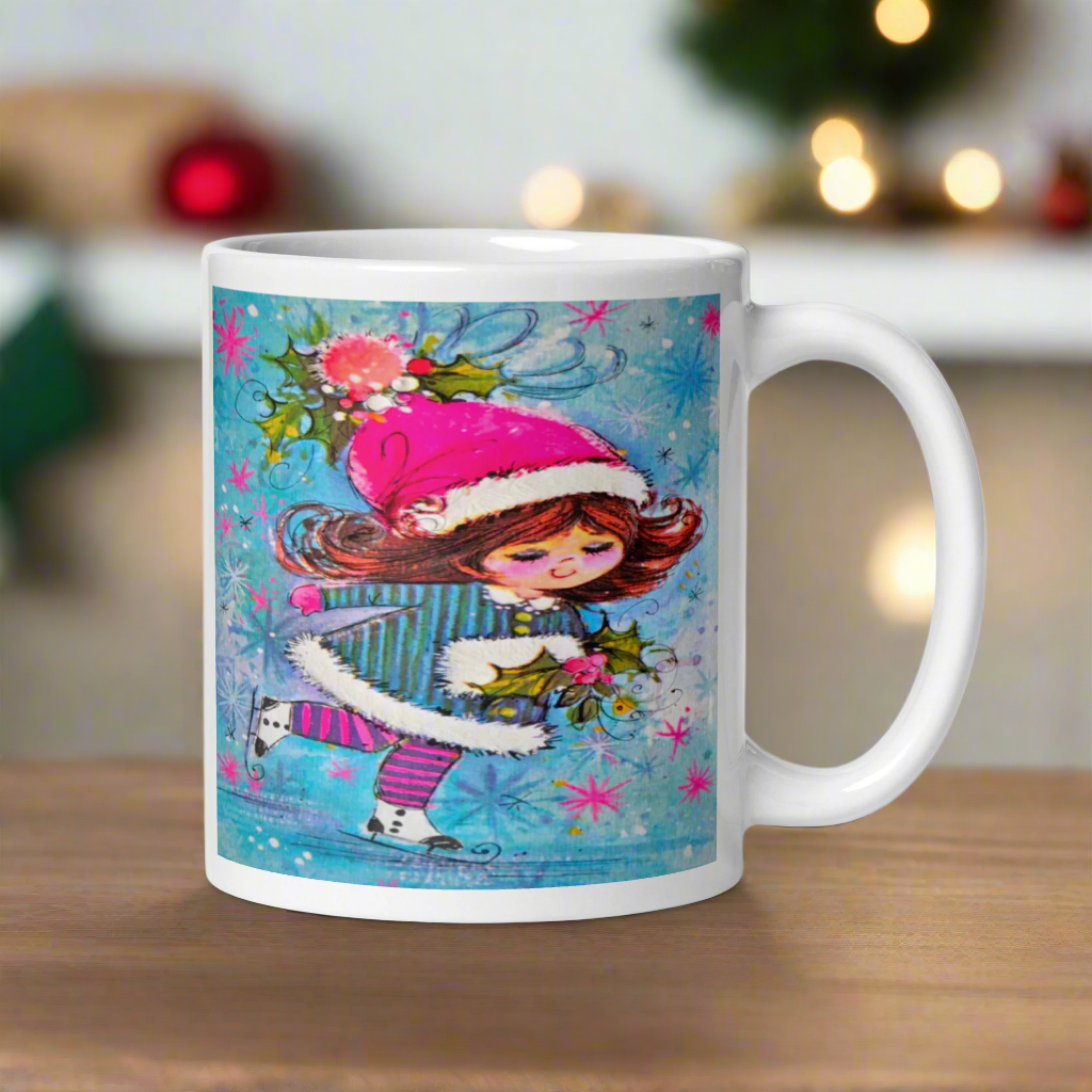 Ice Skating Girl Mod Retro Christmas Glossy Coffee Mug