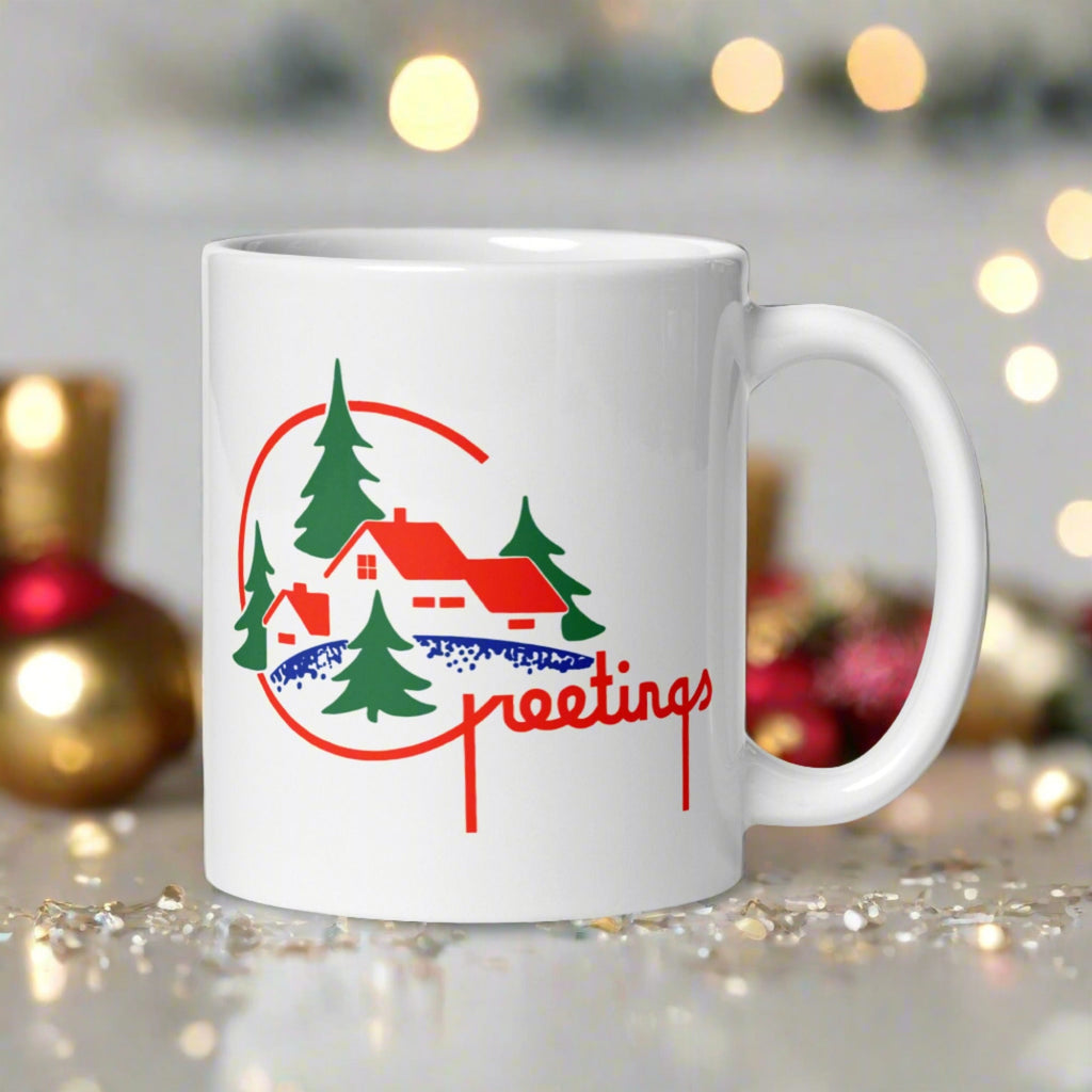 Greetings Mid Century Retro Christmas Print White Glossy Coffee Mug