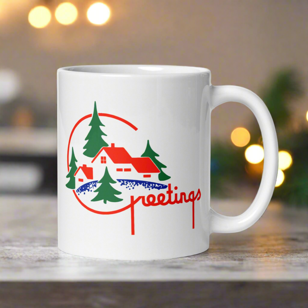 Greetings Mid Century Retro Christmas Print White Glossy Coffee Mug