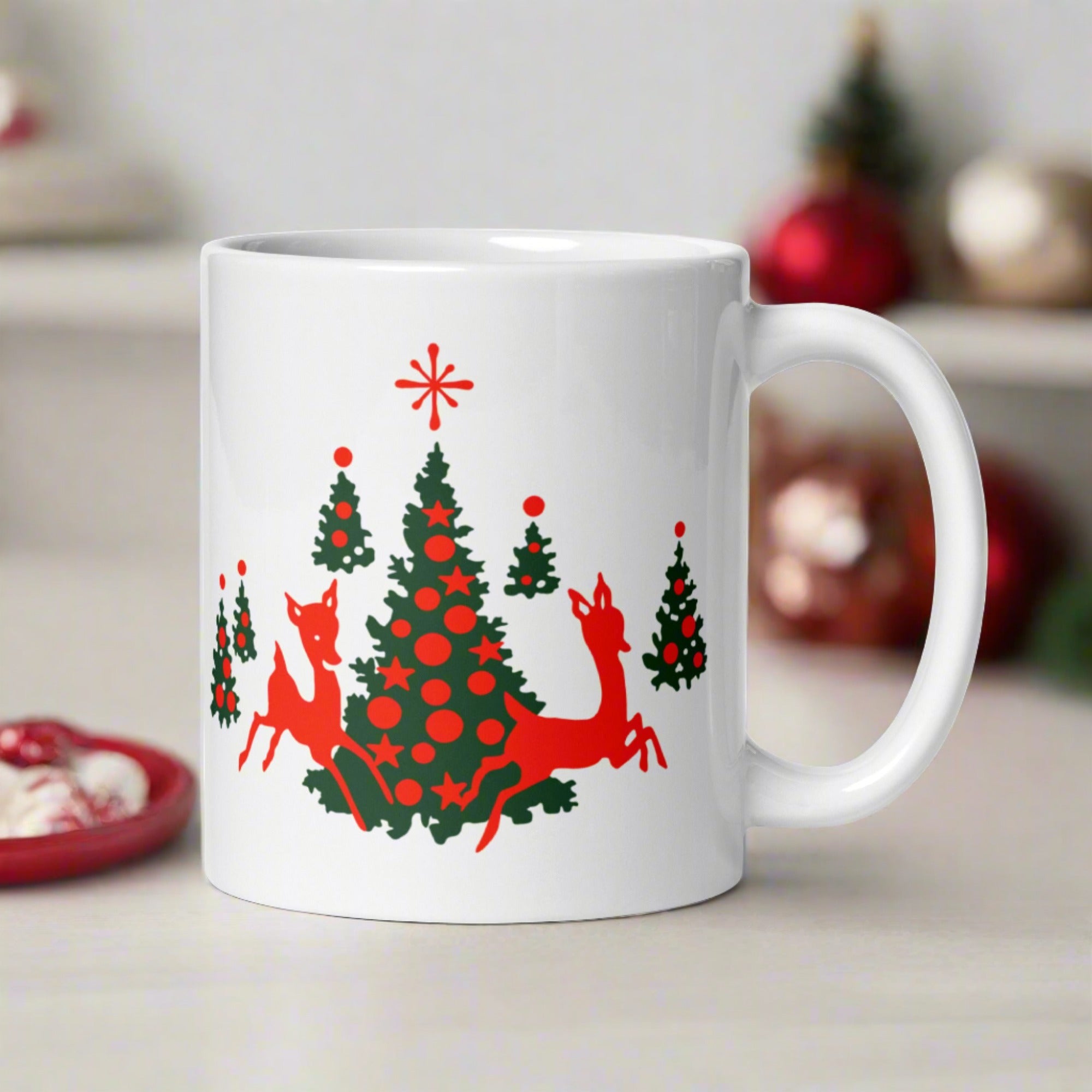 Red Reindeer Christmas Trees Mid Century Retro Christmas Print White Glossy Coffee Mug