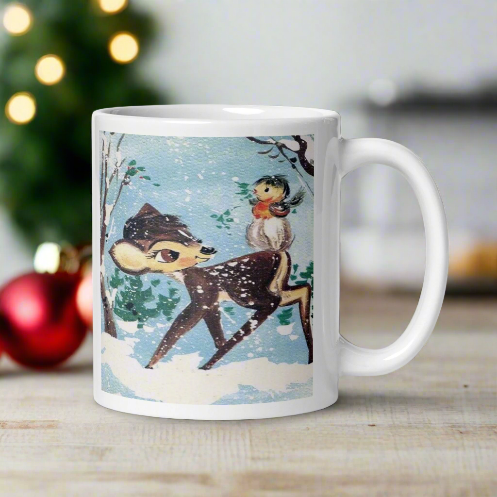 Fawn Baby Deer With Bird In Snow Retro Winter Christmas Glossy Coffee Mug