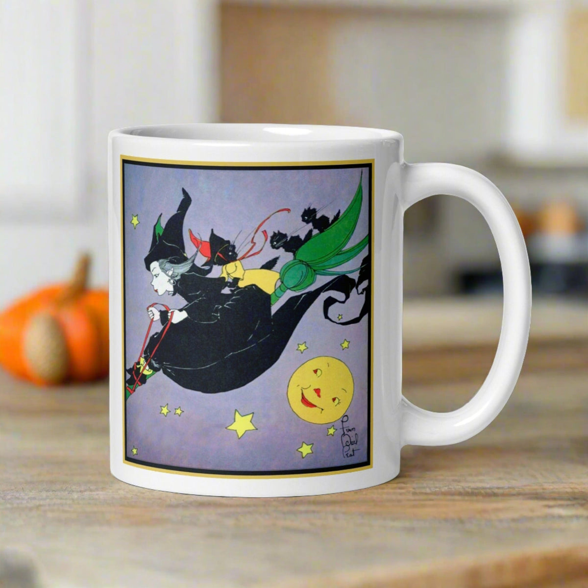 Witch Black Cats Broomride Retro Vintage Fern Bisel Peat Halloween Glossy Mug