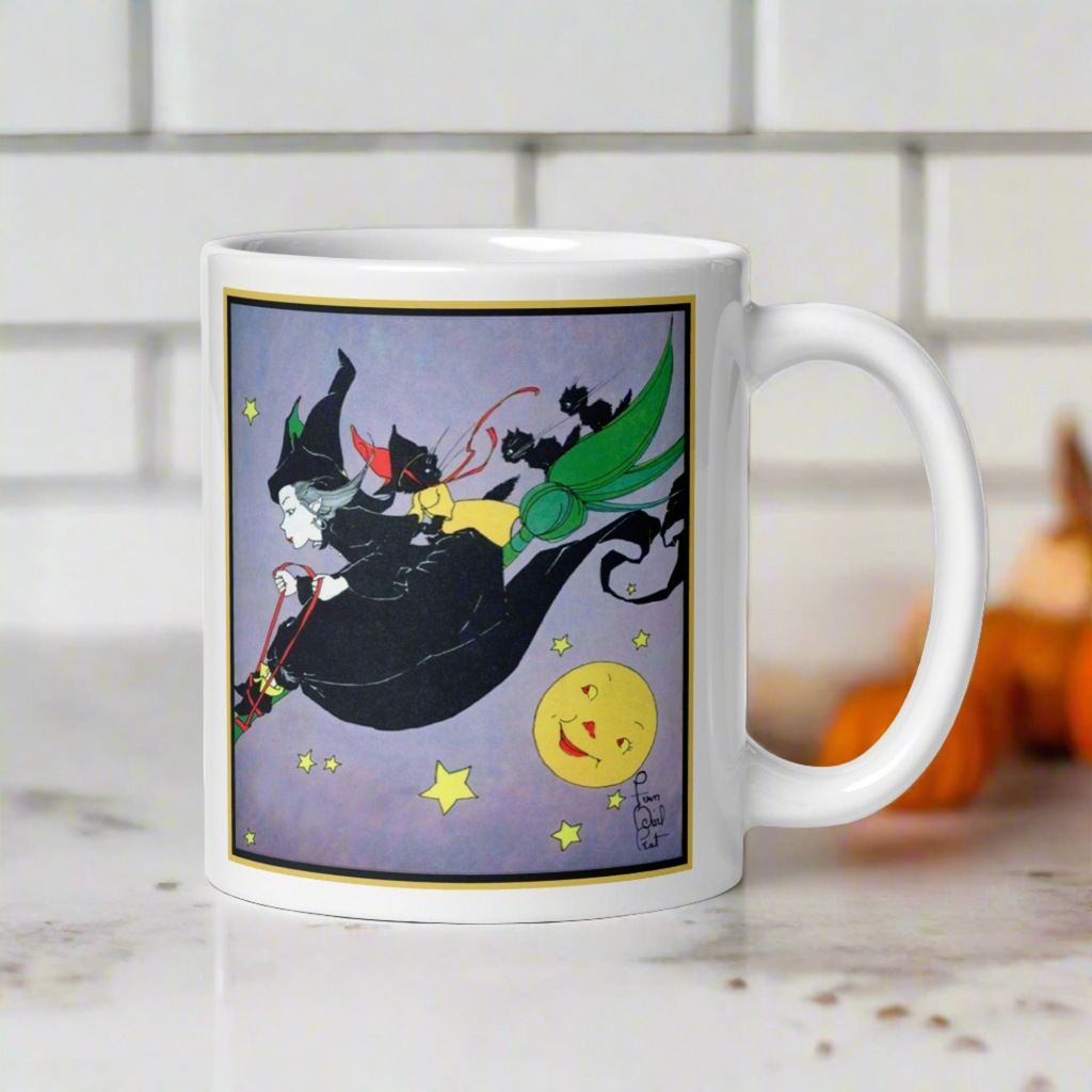 Witch Black Cats Broomride Retro Vintage Fern Bisel Peat Halloween Glossy Mug