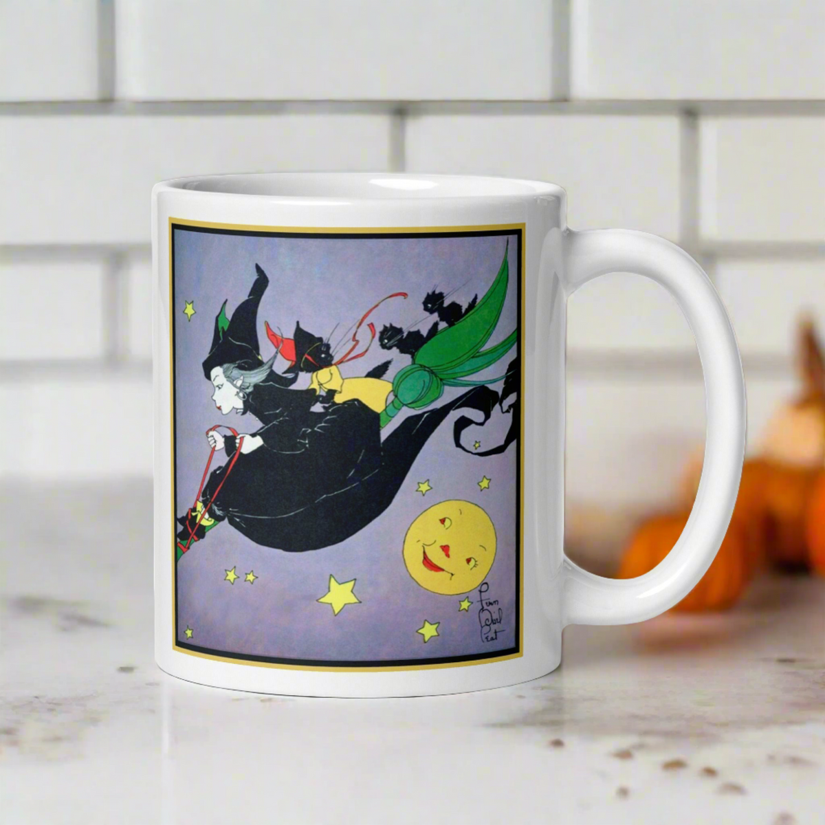 Witch Black Cats Broomride Retro Vintage Fern Bisel Peat Halloween Glossy Mug