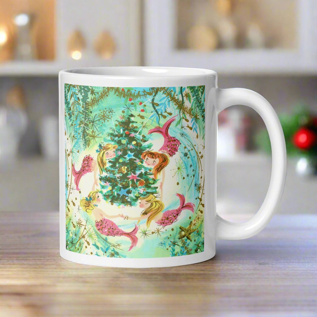 Mermaids Under The Sea Around The Christmas Tree Mid Century Retro Christmas Glossy Coffee Mug
