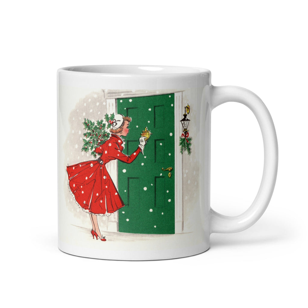 Christmas Lady In Red With Pine Retro Christmas Print Glossy Coffee Mug