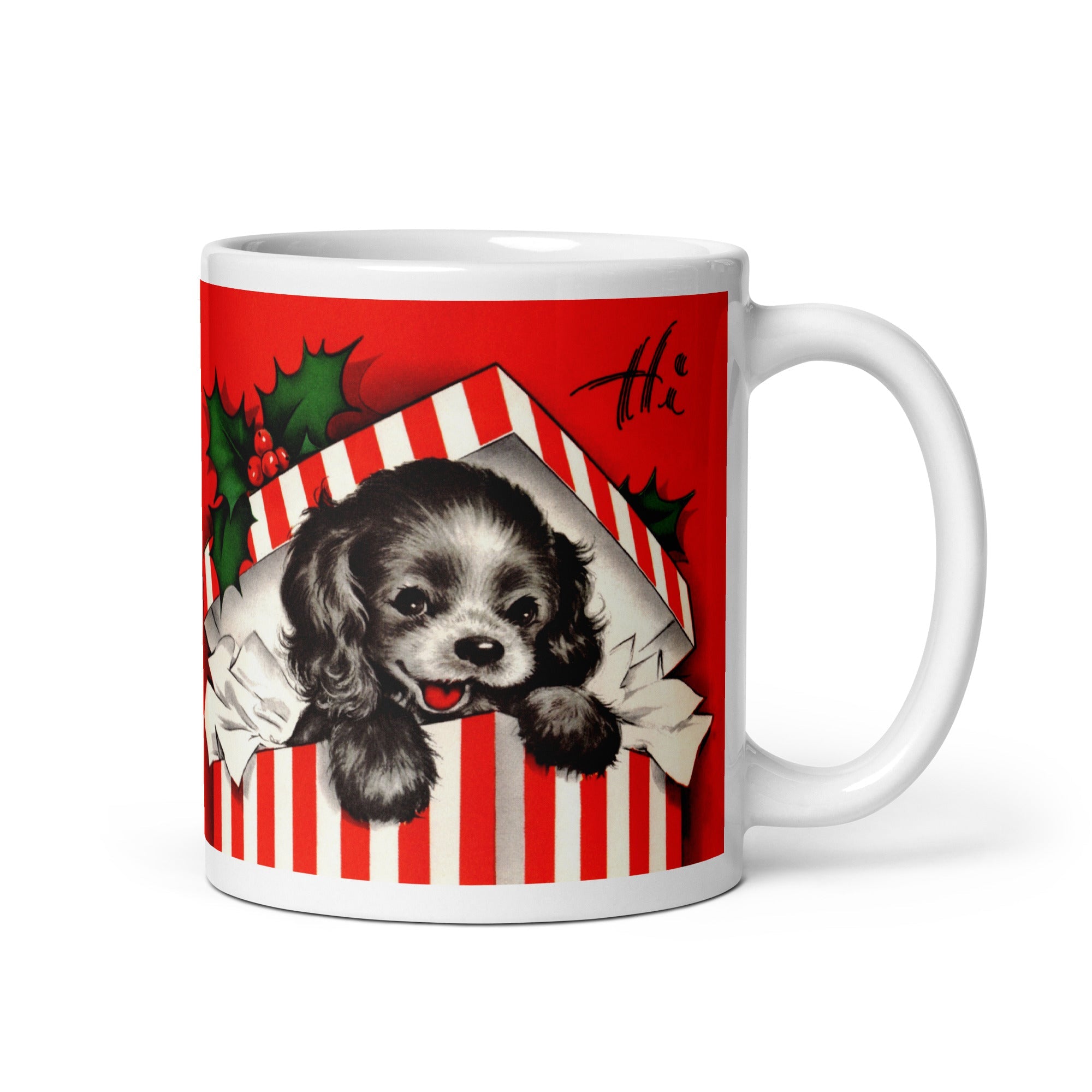 Hi Christmas Puppy In Present Mid Century Retro Christmas Print Glossy Coffee Mug