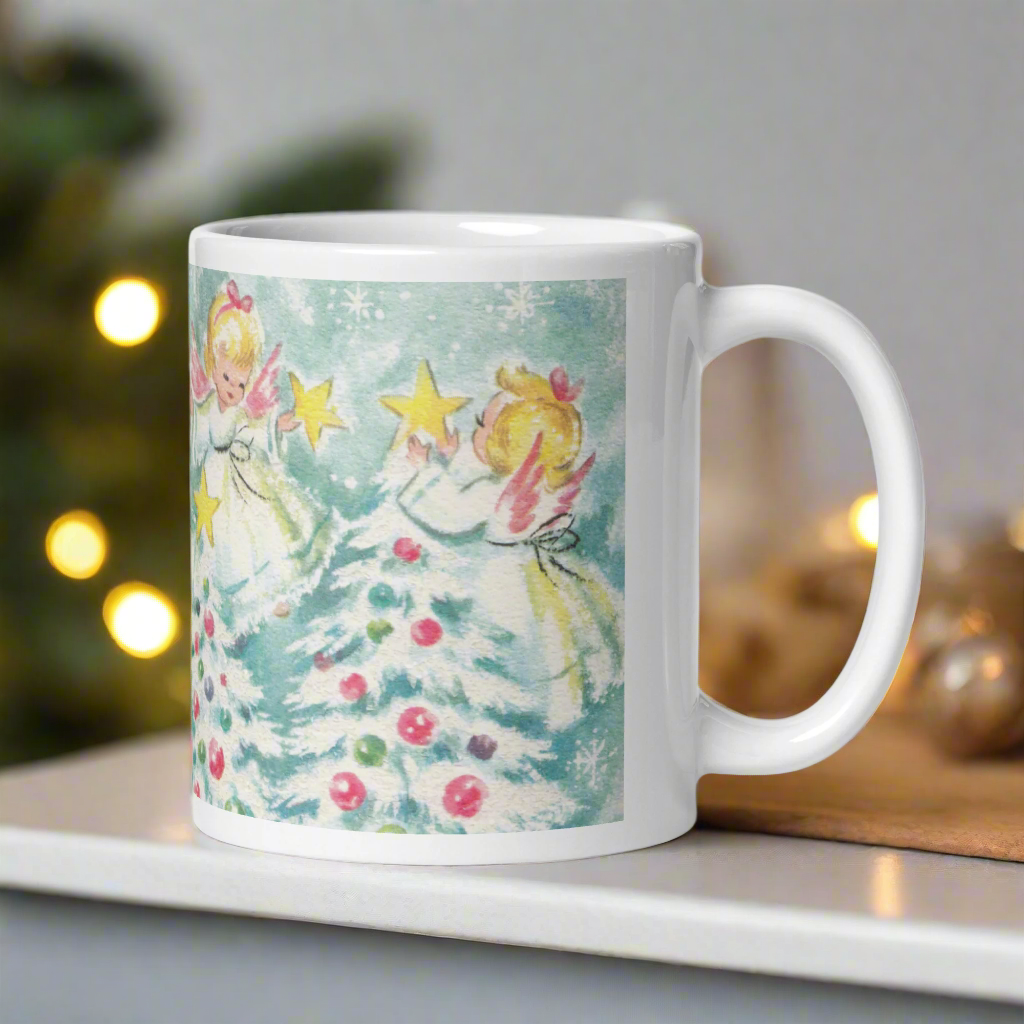 Christmas Angels Decorating Trees And Stars Midcentury Retro Glossy Coffee Mug