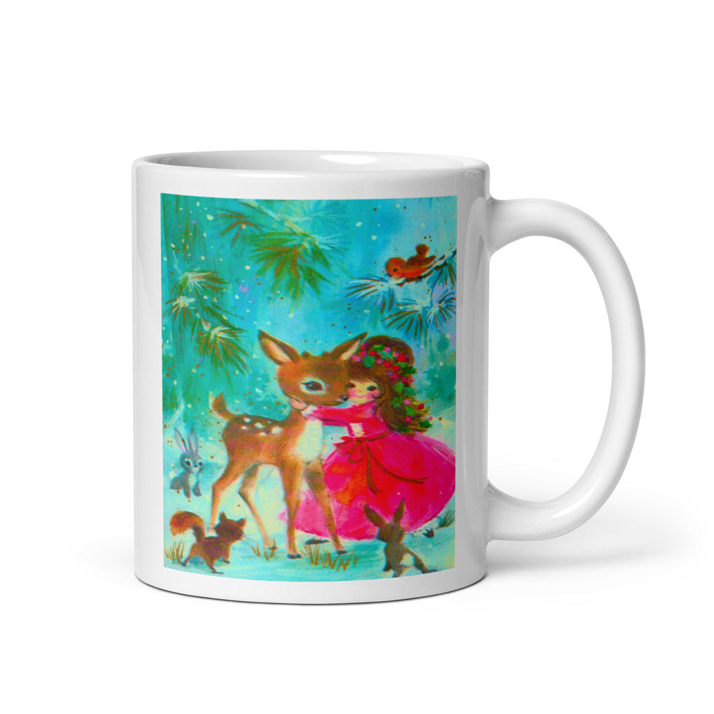 Girl Hugging Fawn Baby Deer Woodland Critters Mod Retro Christmas Print Glossy Coffee Mug