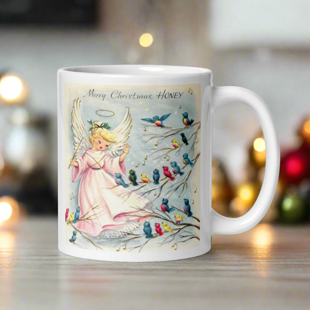 Merry Christmas Honey Angel Songbirds Midcentury Glossy Coffee Mug