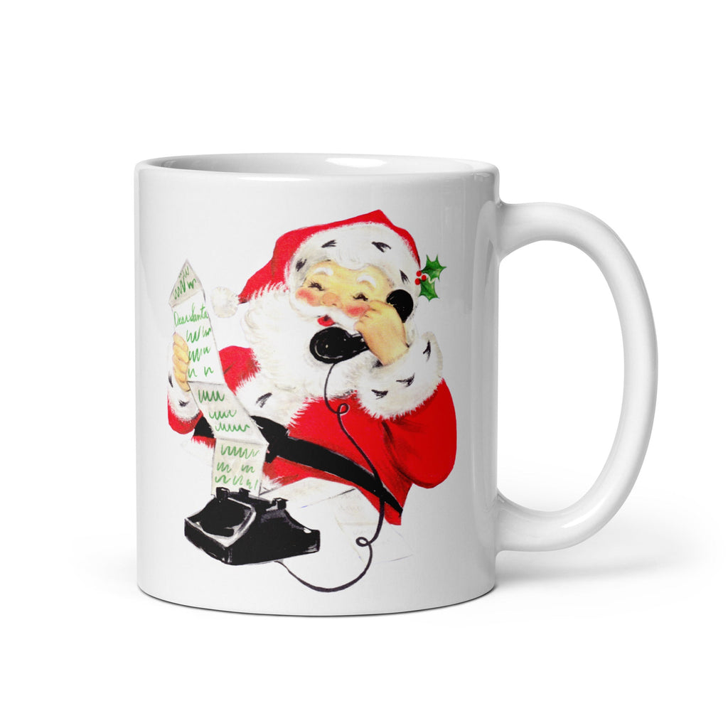 Santa Checking His List On Telephone Mid Century Retro Christmas Print
