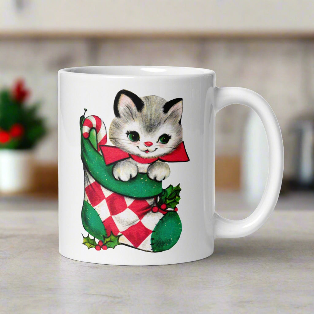 Christmas Kitten In Stocking Midcentury Retro Christmas Glossy Coffee Mug