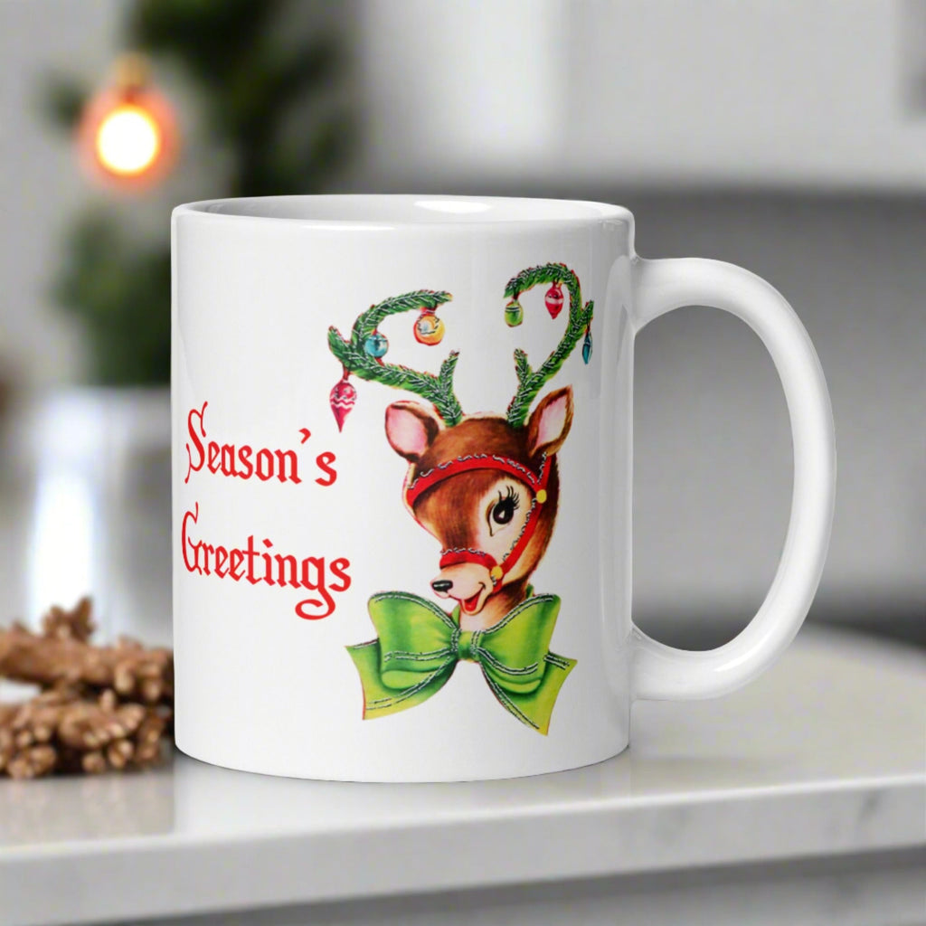Season's Greetings Reindeer Retro Mid Century Christmas Print White Glossy Mug