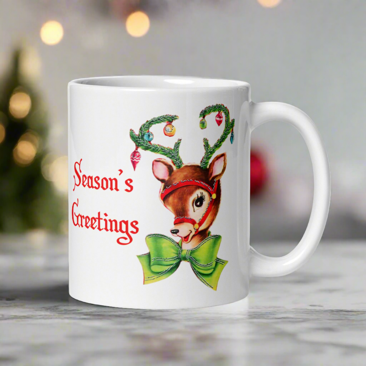 Season's Greetings Reindeer Retro Mid Century Christmas Print White Glossy Mug
