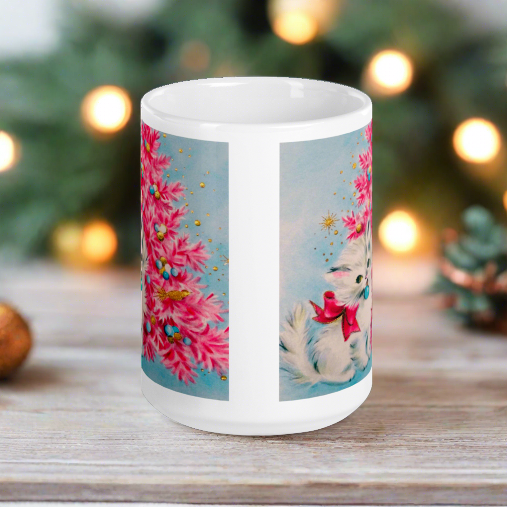 Christmas Kitten Pink Christmas Tree Mid Century Retro Christmas Print Glossy Mug