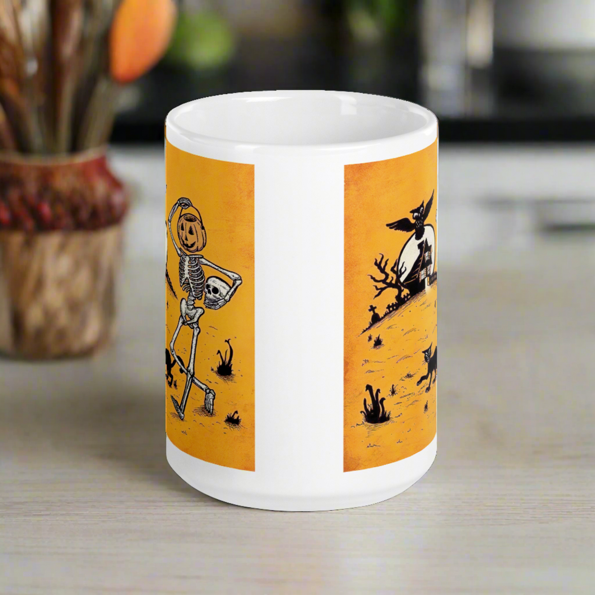 Vintage Halloween Skeleton and Jack O Lantern Bucket Coffee Mug