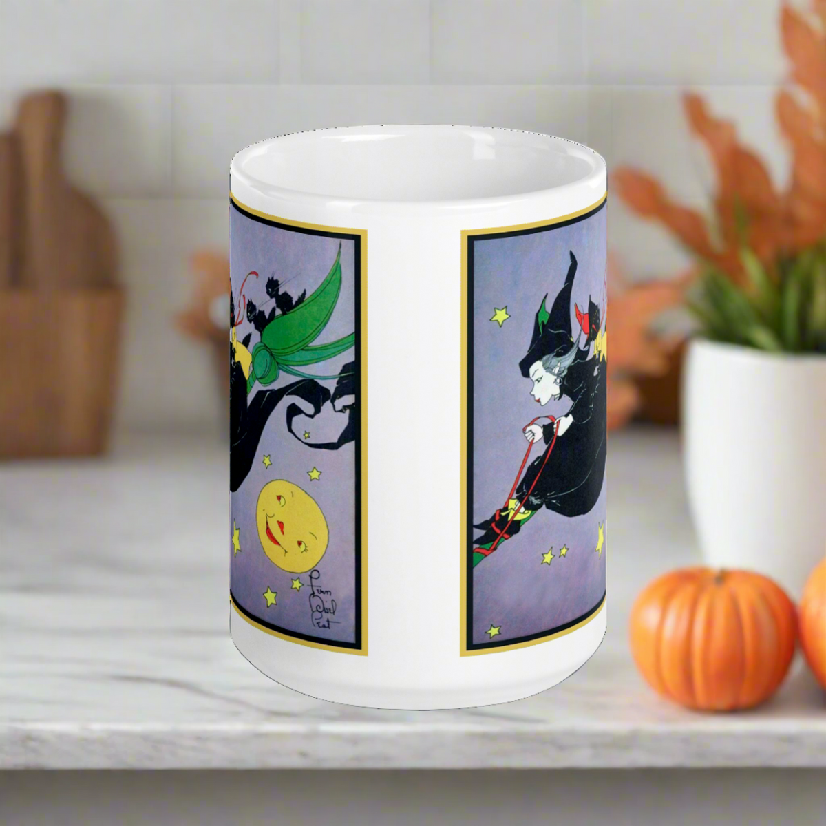 Witch Black Cats Broomride Retro Vintage Fern Bisel Peat Halloween Glossy Mug