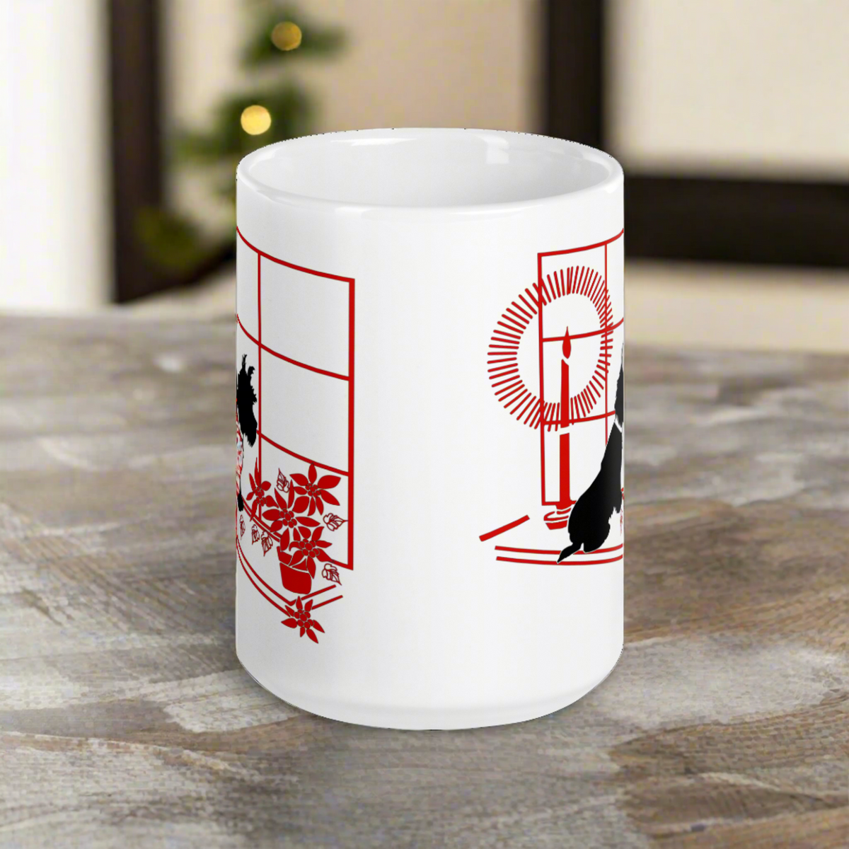 Black Scottie Dog At Window With Poinsettias And Candle Retro Vintage Print Ceramic Glossy Christmas Coffee Mug