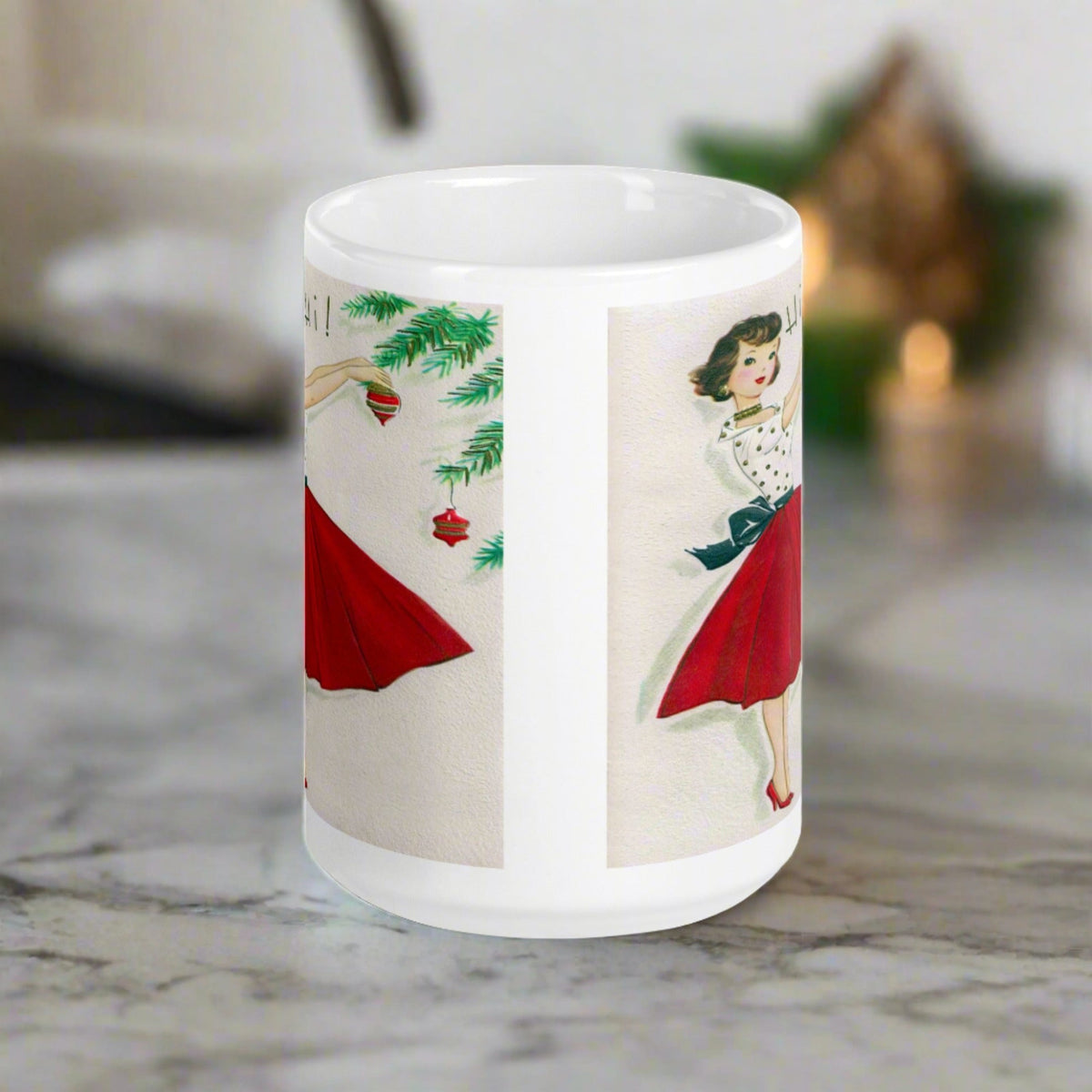 Christmas Lady Decorating Tree Glossy Coffee Mug
