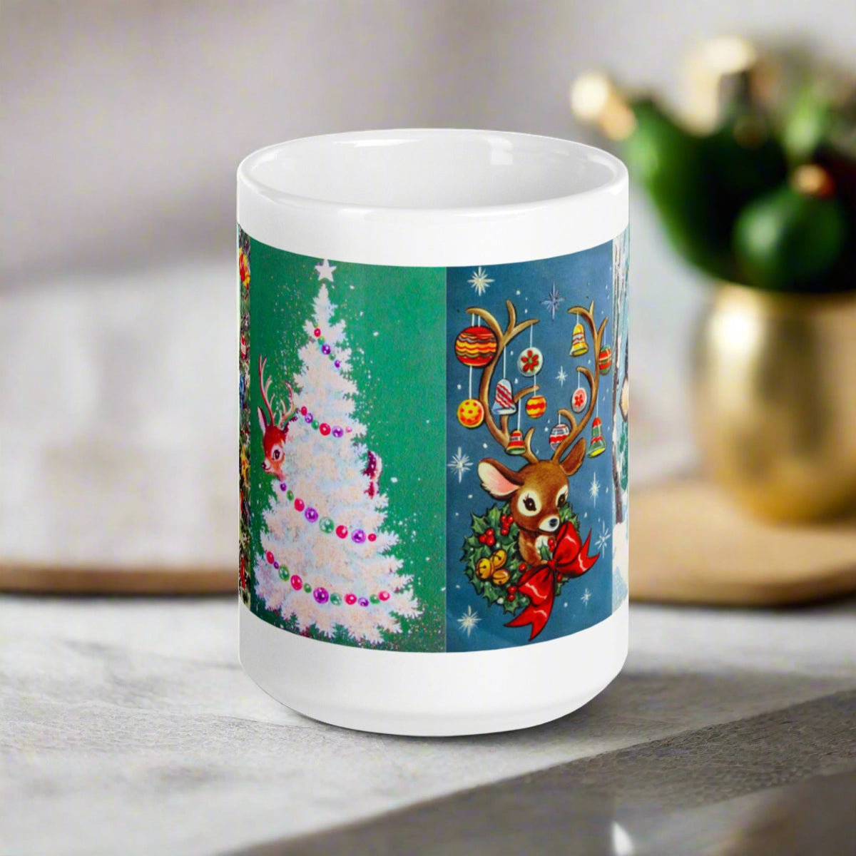 Christmas Mug Reindeer Collage Retro Vintage Glossy Coffee Mug