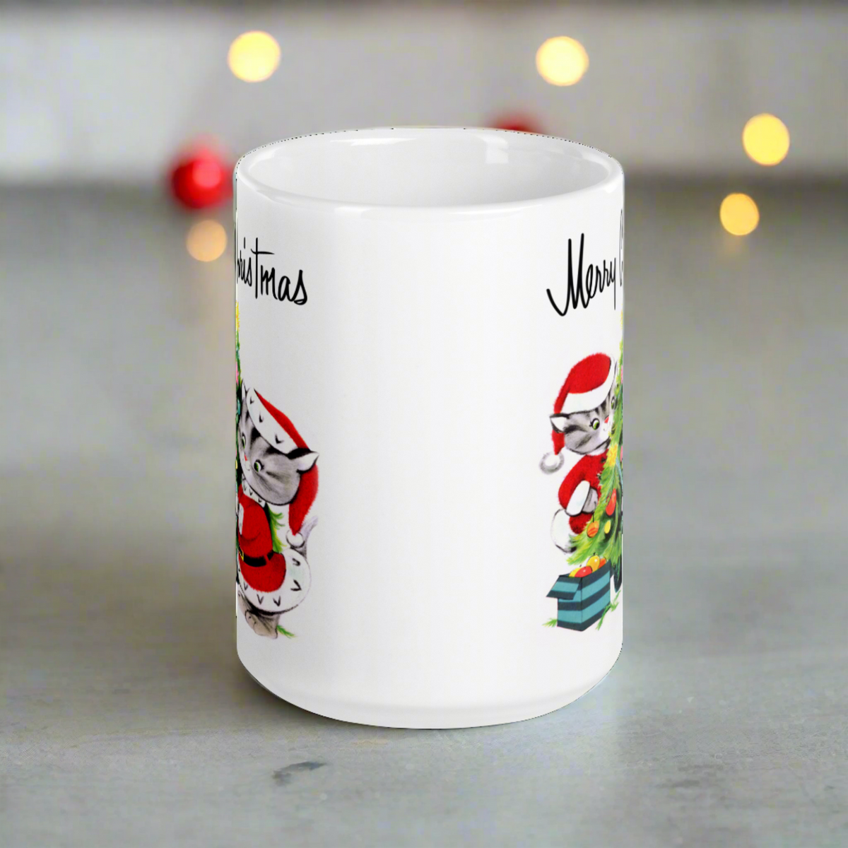 Merry Christmas Santa Christmas Cats Decorating Tree Mid Century Retro Christmas Print Glossy Mug