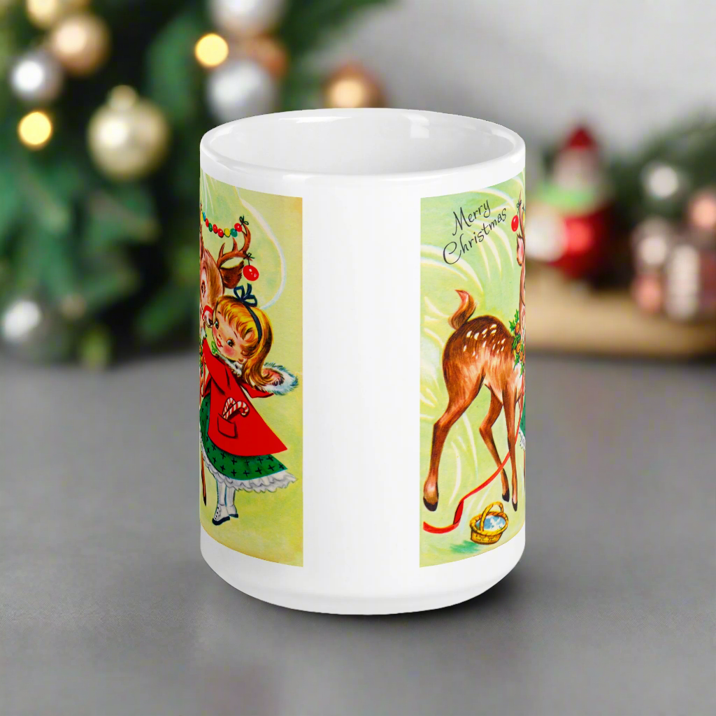 Girl With Reindeer Midcentury Retro Christmas Glossy Coffee Mug