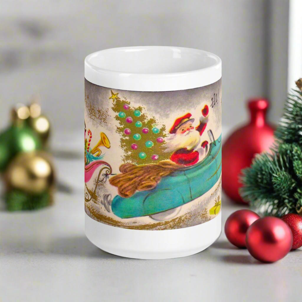 Santa In Convertible Car Midcentury Retro Christmas Glossy Coffee Mug
