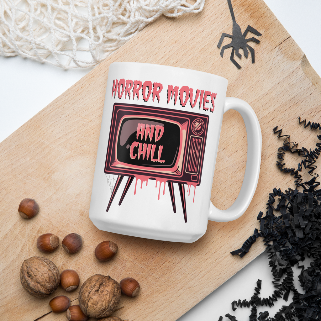 Horror Movies And Chill Retro Television Halloween Print Glossy Coffee Mug