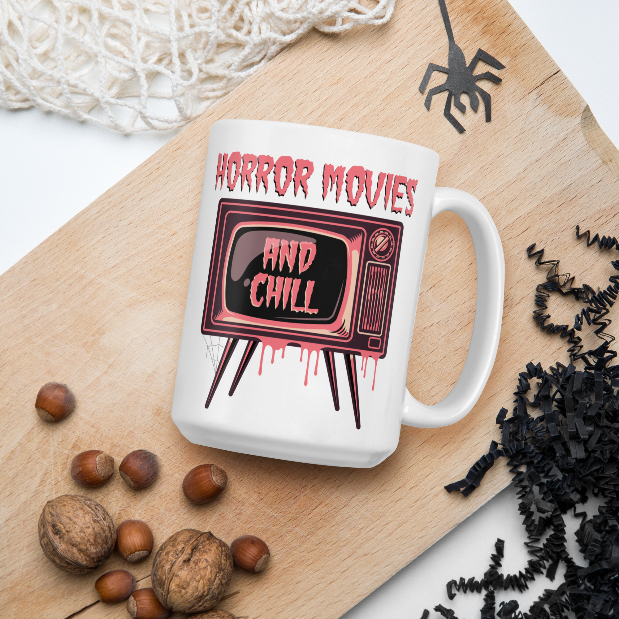 Horror Movies And Chill Retro Television Halloween Print Glossy Coffee Mug