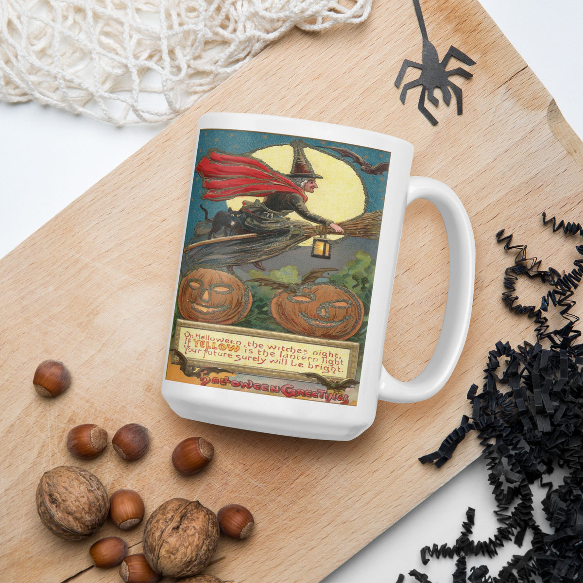 Victorian Witch Black Cat Retro Vintage Art Halloween Glossy Coffee Mug
