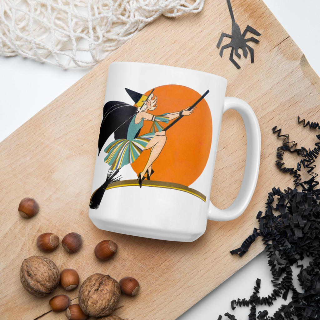 Flying Flapper Witch On Broom Orange Moon Retro Halloween Print Glossy Mug