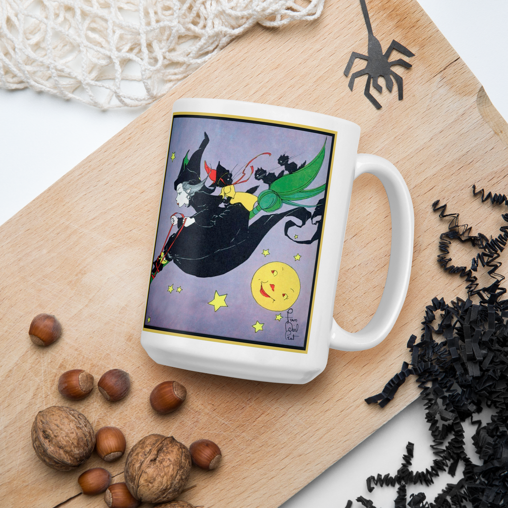 Witch Black Cats Broomride Retro Vintage Fern Bisel Peat Halloween Glossy Mug