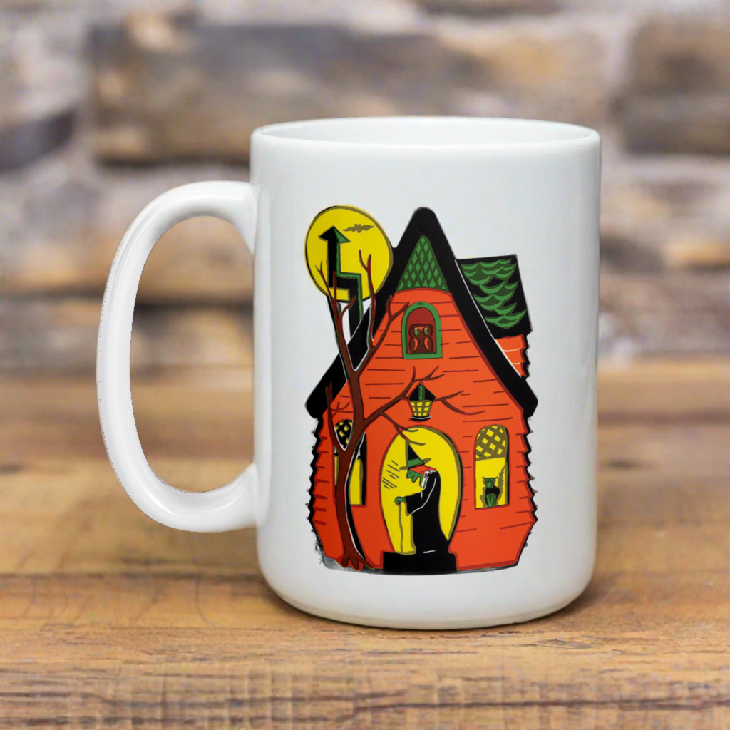 Halloween Witch House Black Cat Yellow Moon Vintage Retro Print Glossy Coffee Mug