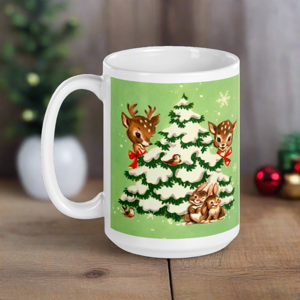 Reindeer In Snowy Tree With Bunnies And Birds Green Mid Century Retro Christmas Print Glossy Mug