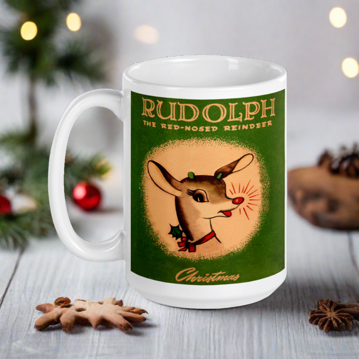 Rudolph The Red Nosed Reindeer Christmas Mid Century Retro Christmas Print Glossy Mug