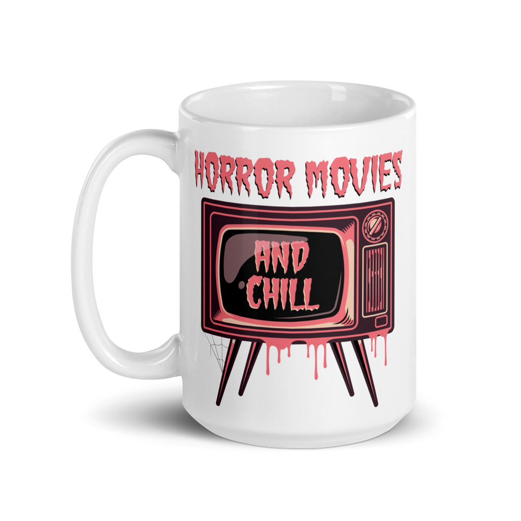 Horror Movies And Chill Retro Television Halloween Print Glossy Coffee Mug
