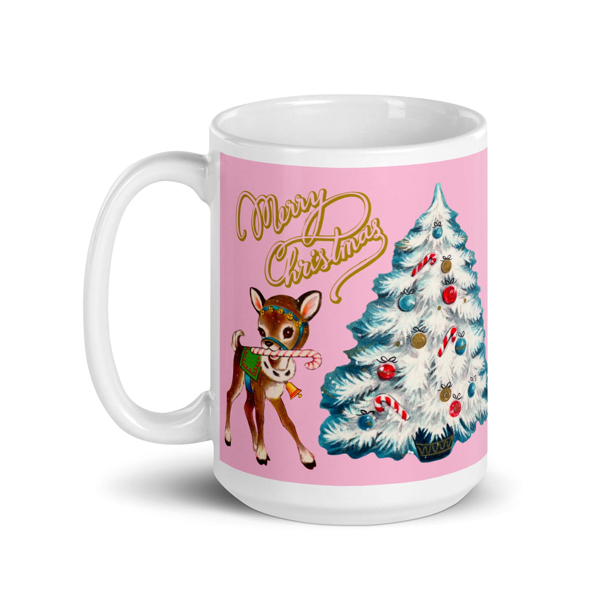 Merry Christmas Reindeer Mug White Teal Tree Pink Mid Century Retro Glossy Coffee Mug