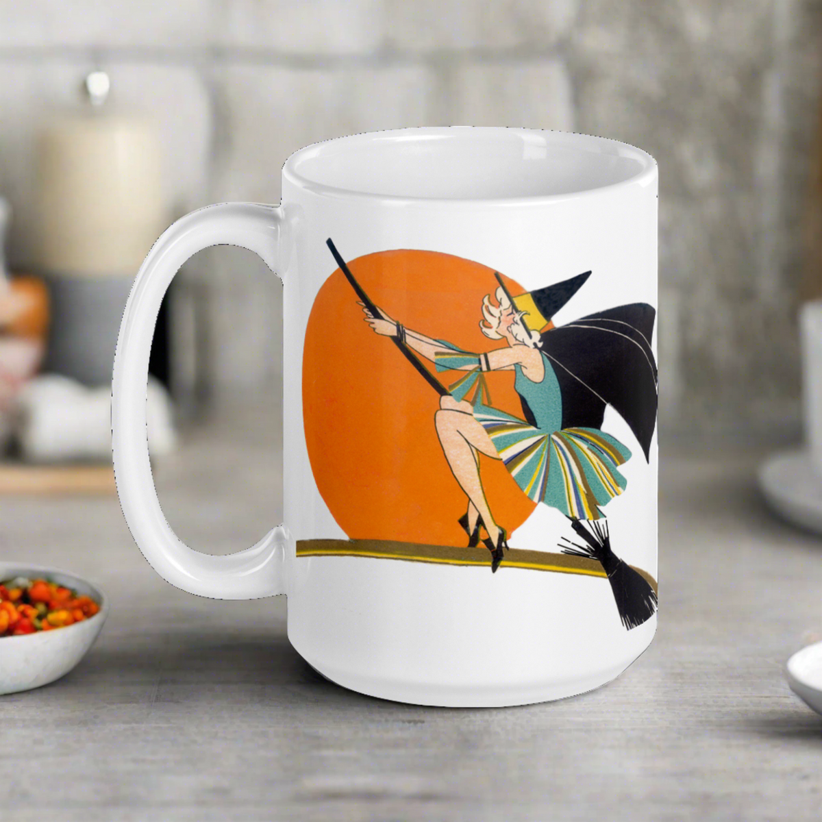 Flying Flapper Witch On Broom Orange Moon Retro Halloween Print Glossy Mug