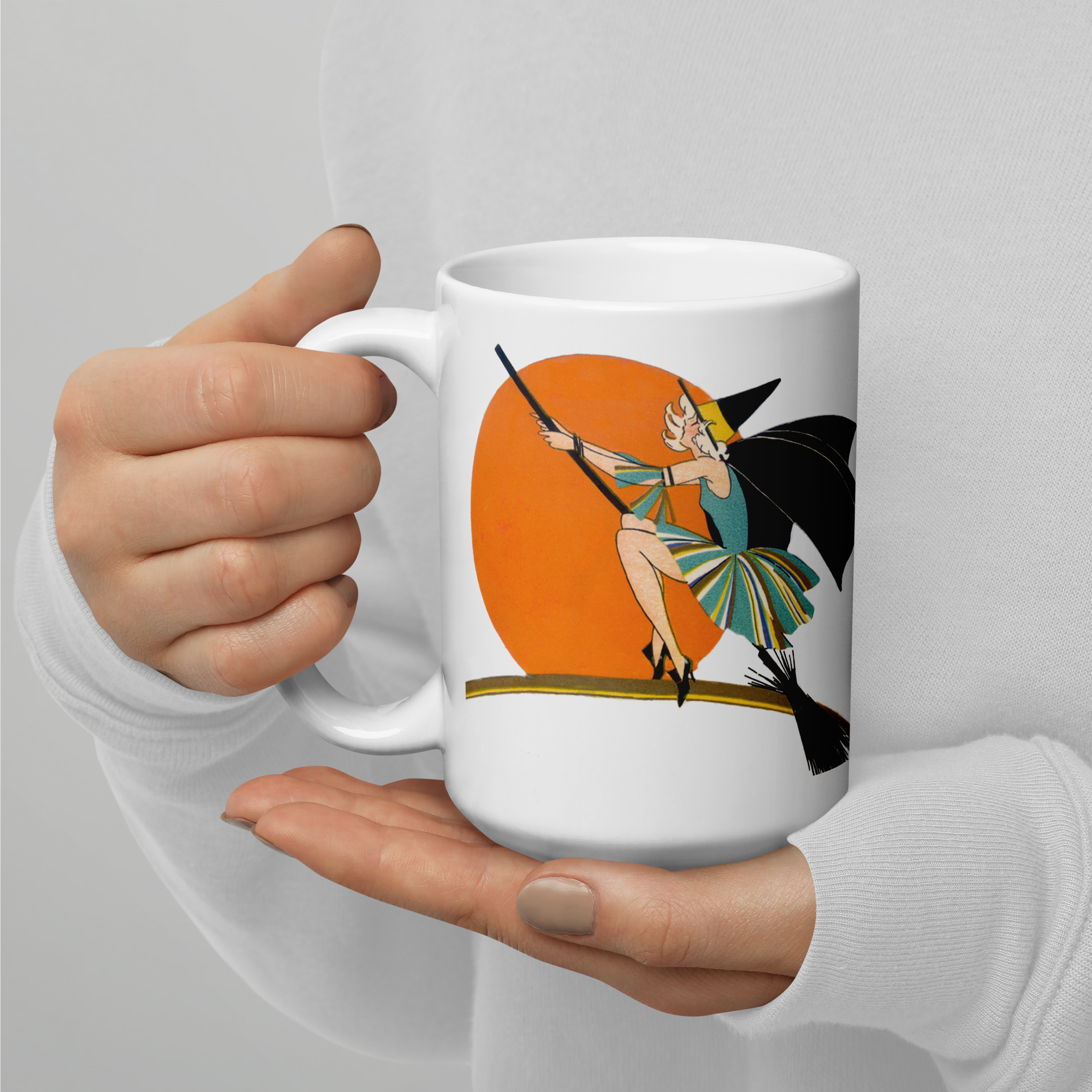 Flying Flapper Witch On Broom Orange Moon Retro Halloween Print Glossy Mug