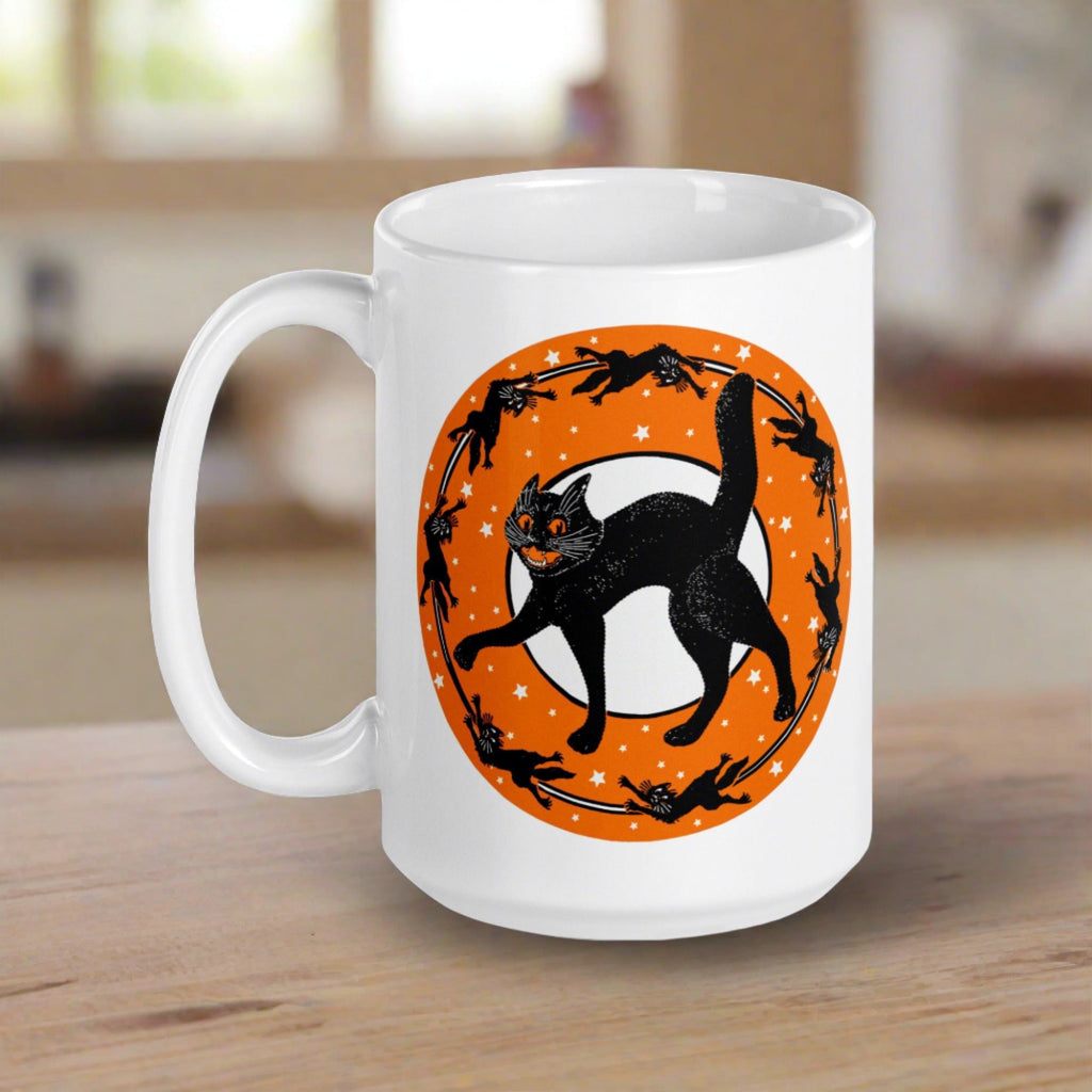 Black Cats Full Moon Retro Vintage Halloween Glossy Coffee Mug