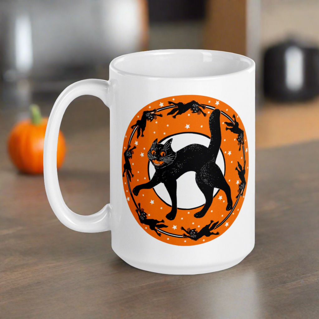 Black Cats Full Moon Retro Vintage Halloween Glossy Coffee Mug