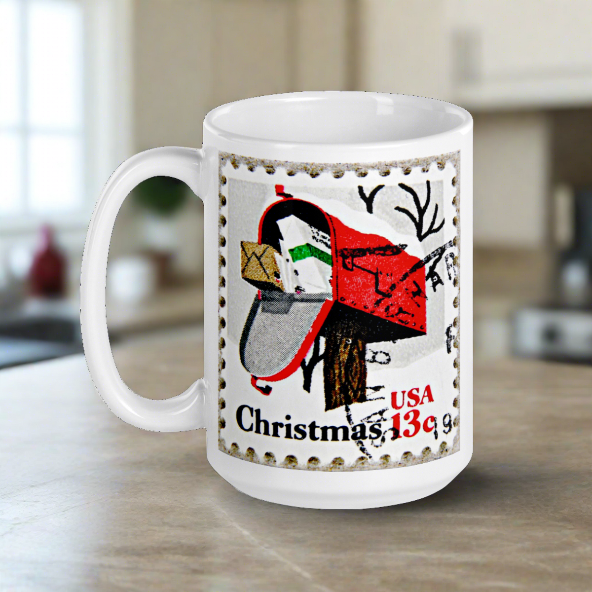 Christmas Stamp Mailbox Retro Christmas Print Glossy Mug